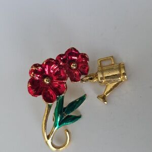Vintage Garden-Themed Brooch – Red Enamel Flowers with Dangling Watering Can